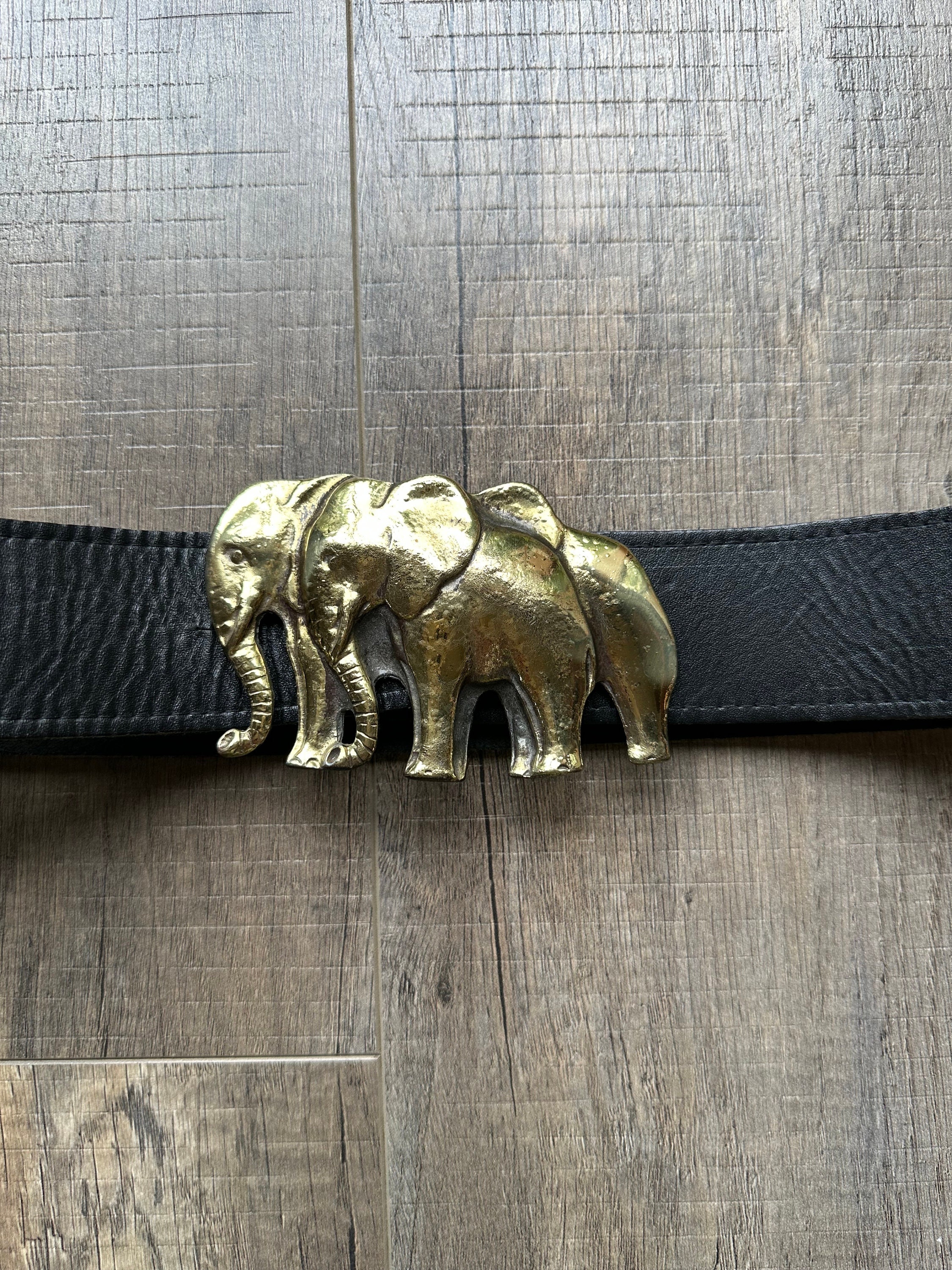 Vintage Elephant Belt Buckle 100% Zamak Black Leather Belt Womens M/L Italy Signature Black Elephant Skin Belt With Monkey Buckle main image 3