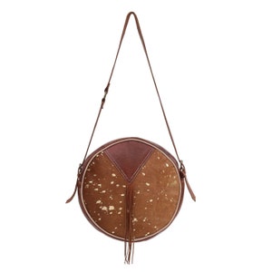 Circular Bag, Shoulder Bag, Brown Leather Bag, Boho Bag, Cowgirl Bag, Gift Women, Cowhide Leather Cross Body Bag, Fringe Bag, Gift for Her
