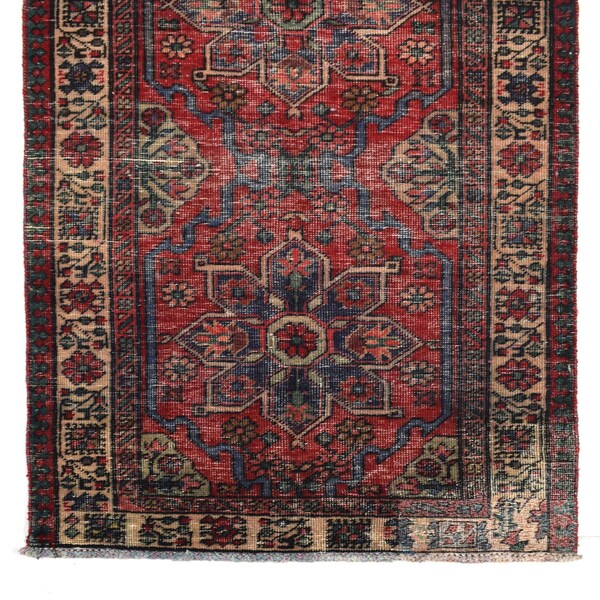 3x11 Red Hand-Knotted Floral Tribal Vintage Runner Rug, Hand-Knotted Oriental Rug, Runner Rug for Kitchen, Staircase Runner Rug NR399