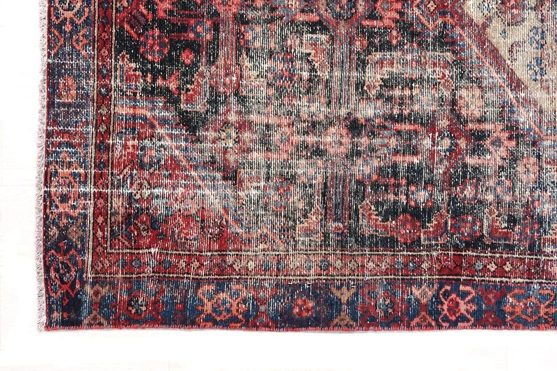 4x9 Red Black Blue Vintage Area Rug, Oriental Turkish Anatolian Rug, Handwoven Organic Wool Floral Living Room or Dining Room Rug SHR2054 image 4