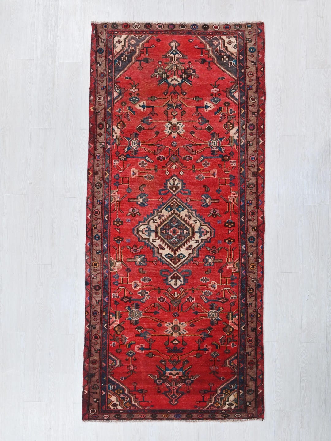 Vintage Oriental Anatolian 4x9 Ft Hand-knotted Crimson Red Runner Rug ...