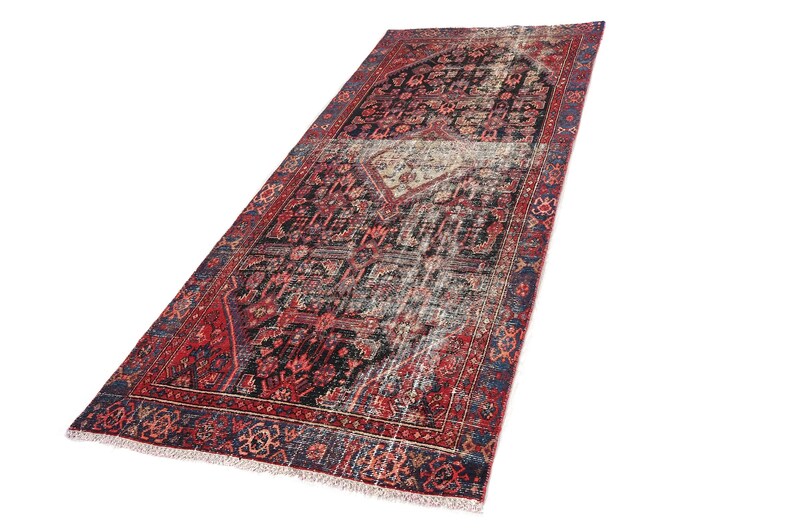 4x9 Red Black Blue Vintage Area Rug, Oriental Turkish Anatolian Rug, Handwoven Organic Wool Floral Living Room or Dining Room Rug SHR2054 image 7