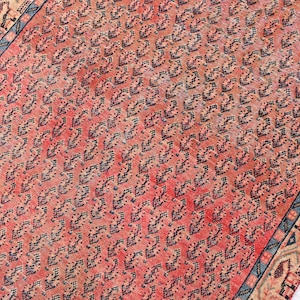 May include: A rectangular rug with a repeating pattern of stylized leaf shapes in shades of red, orange, and black. The rug has a blue border and a beige and blue patterned edge. The rug is likely made of wool.