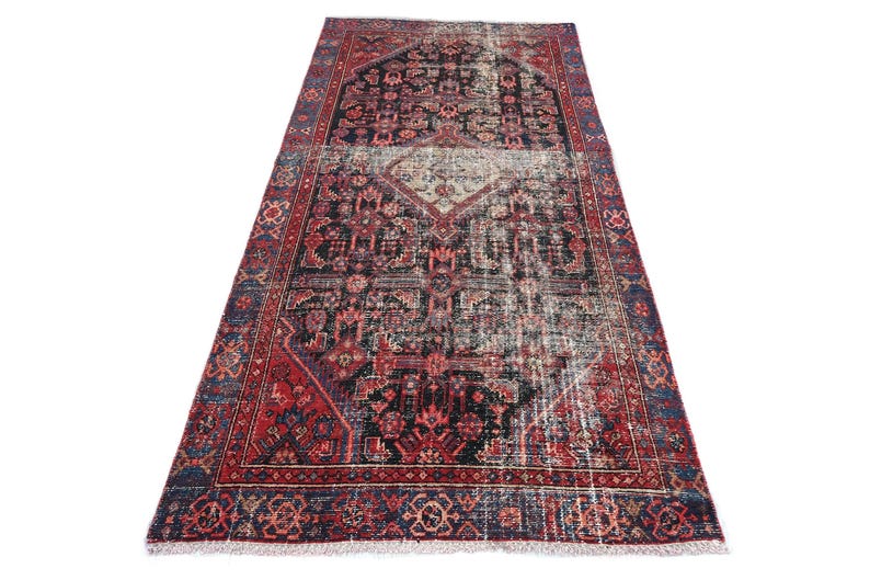 4x9 Red Black Blue Vintage Area Rug, Oriental Turkish Anatolian Rug, Handwoven Organic Wool Floral Living Room or Dining Room Rug SHR2054 image 3