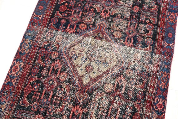 4x9 Red Black Blue Vintage Area Rug, Oriental Turkish Anatolian Rug, Handwoven Organic Wool Floral Living Room or  Dining Room Rug SHR2054