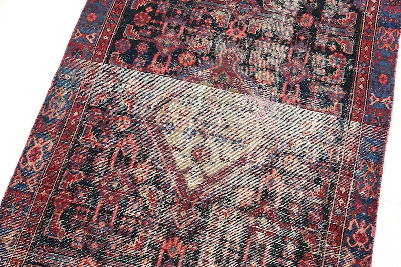 4x9 Red Black Blue Vintage Area Rug, Oriental Turkish Anatolian Rug, Handwoven Organic Wool Floral Living Room or Dining Room Rug SHR2054 image 1
