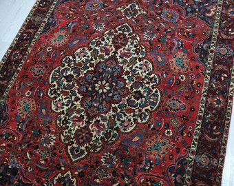 6x9 Red Creamy Beige Vintage Oriental Rug - Handmade Persian Style Area Rug - Organic Wool Low Pile Living Room or Dining Room Rug NR1171