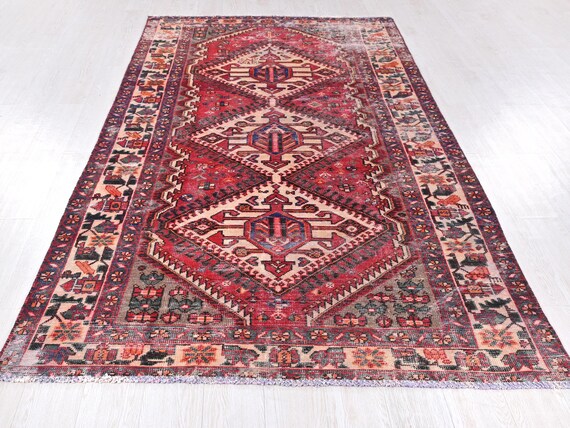 Vintage Faded Coral Red 5x10 Ft Oriental Anatolian Handmade Area