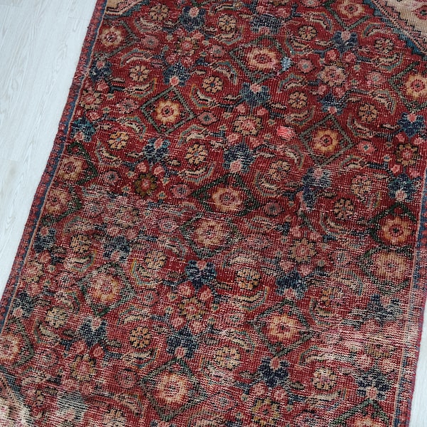 3x6 Rusty Red Vintage Floral Accent Rug - Oriental Hand Knotted Low Pile Veg Dyed Wool Decorative Entryway Rug - Kitchen Scatter Rug NR1073