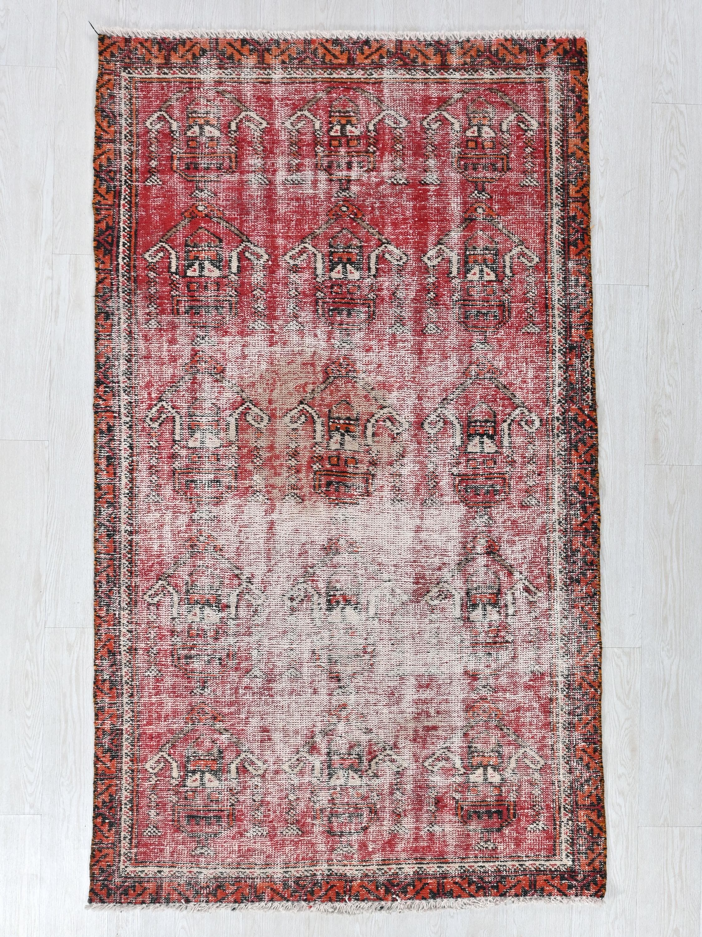Vintage Oriental Faded Handmade Scarlet Red 4x7 Ft Anatolian Area