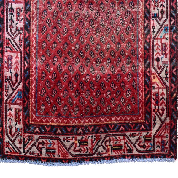 3x10 Red Vintage Tribal Runner Rug, Hand-Knotted Rug, Distressed Antique Rug, Handmade Oriental Rug, Entryway Runner Rug, NRC0982