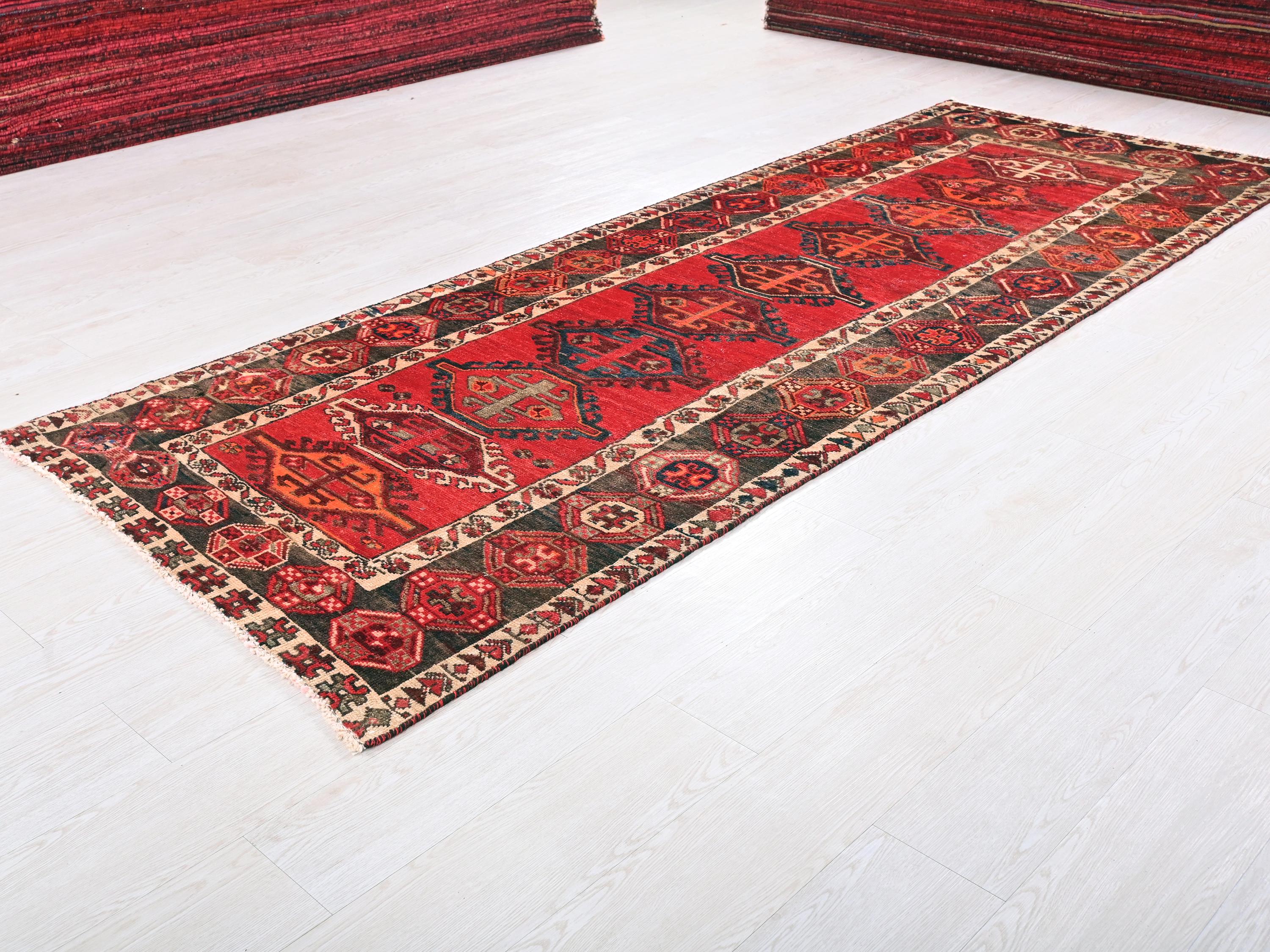 4X9 Ft Scarlet Red Persian Style Vintage Oriental Geometric Hand ...