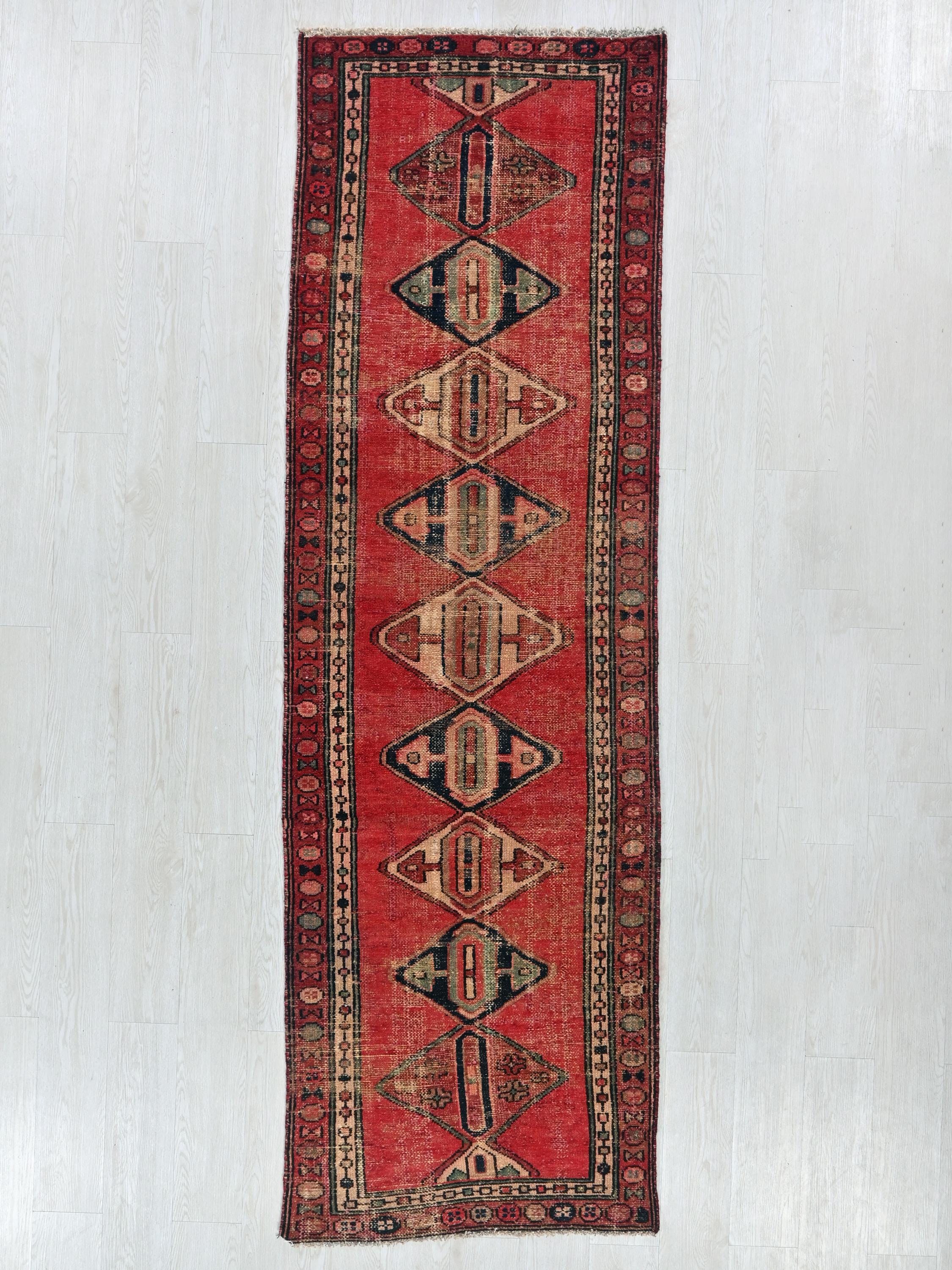 Vintage Persian Style Handmade Scarlet Red 3x9 ft Oriental Runner Rug - Geometric Entryway or Kitchen Rug - Staircase or Hallway Rug NR3381