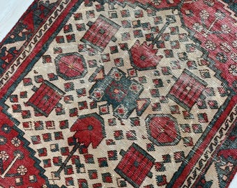 4x6 ft Handwoven Vintage Oriental Rug - Brick Red Dark Sage Organic Low Pile Wool Area Rug - Living Room Decor NR2428
