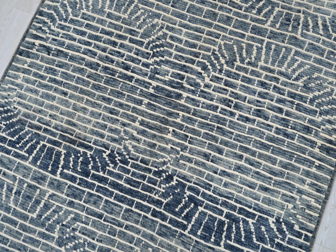 Raincloud Rug 5x8 Ft Faded Rain Cloud Blue Moroccan Rug - Hand-knotted Geometric Area ...