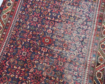 5x10 Red Navy Blue Vintage Oriental Rug - Handwoven Persian Style Area Rug - Organic Wool Low Pile Living Room or Dining Room Rug NR1575