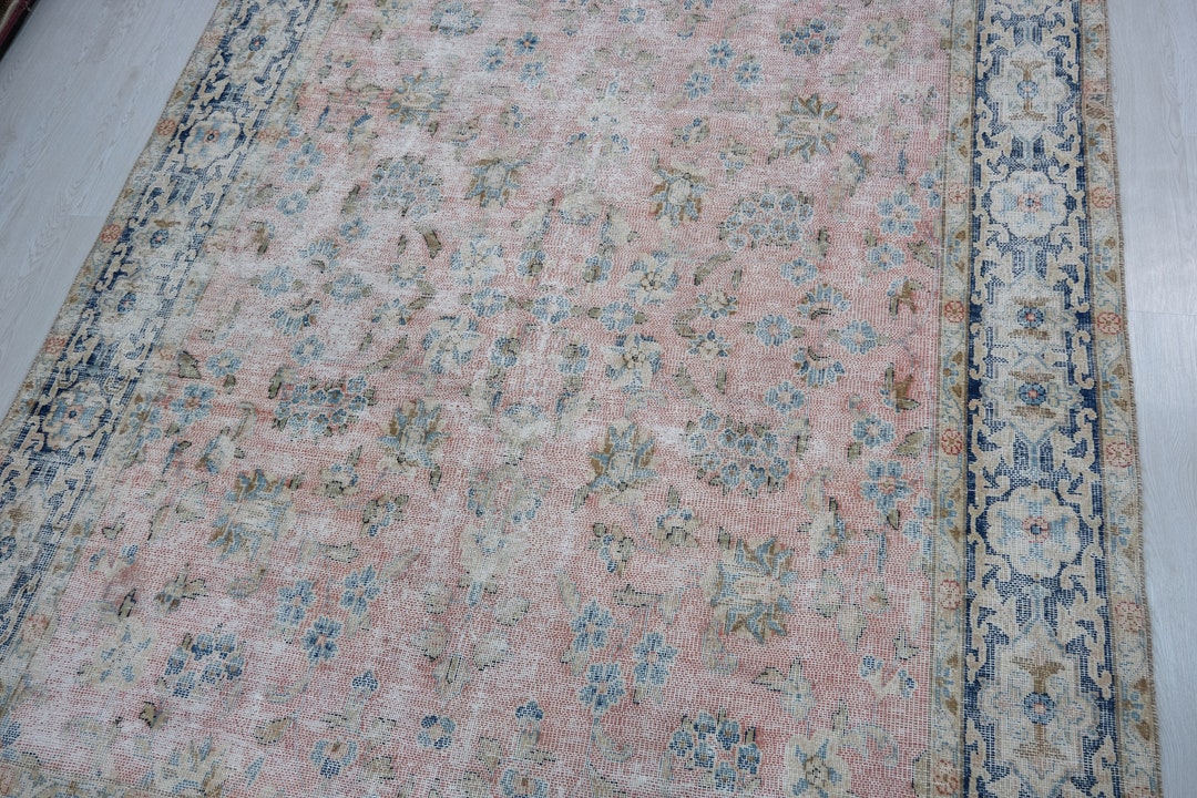 7x9 Faded Red Vintage Area Rug - Oriental Low Pile Floral Rug - Hand ...