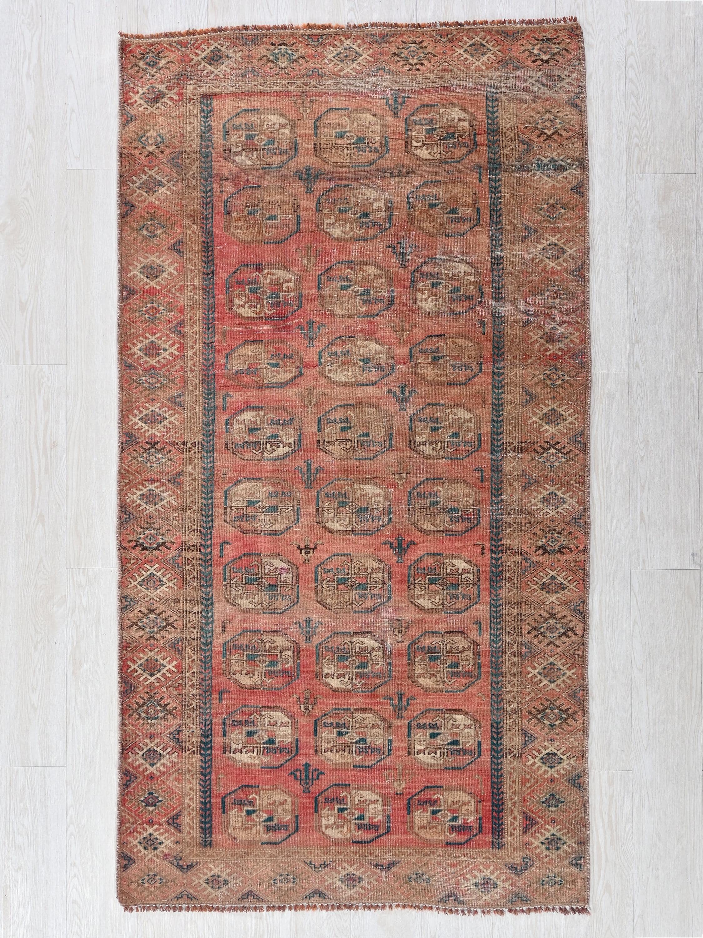 Geometric Vintage Hand-Knotted Persian Style Faded Oriental Salmon Pink 4x7 ft Runner Rug - Foyer or Kitchen Rug - Hallway Carpet NR3165