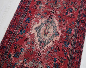 3x10 Berry Red Navy Blue Vintage Oriental Rug - Handwoven Floral Runner Rug - Organic Wool Low Pile Hallway or Staircase Runner NR1689