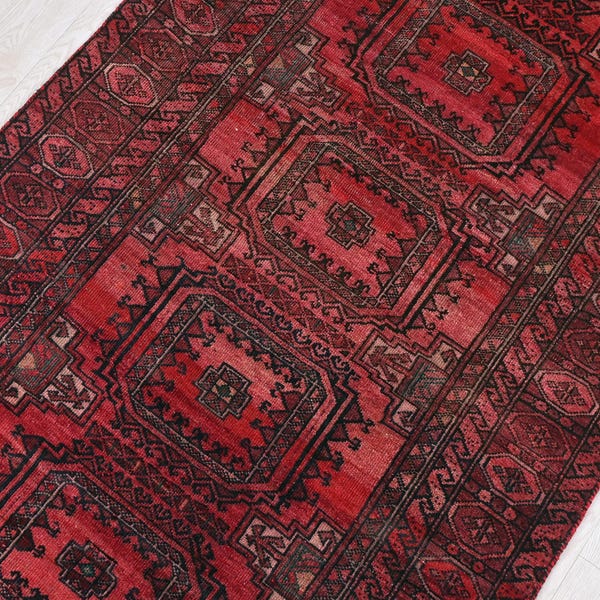 3x7 ft Vintage Oriental Runner Rug - Red Black Handwoven Organic Low Pile Wool Hallway Runner NR2590
