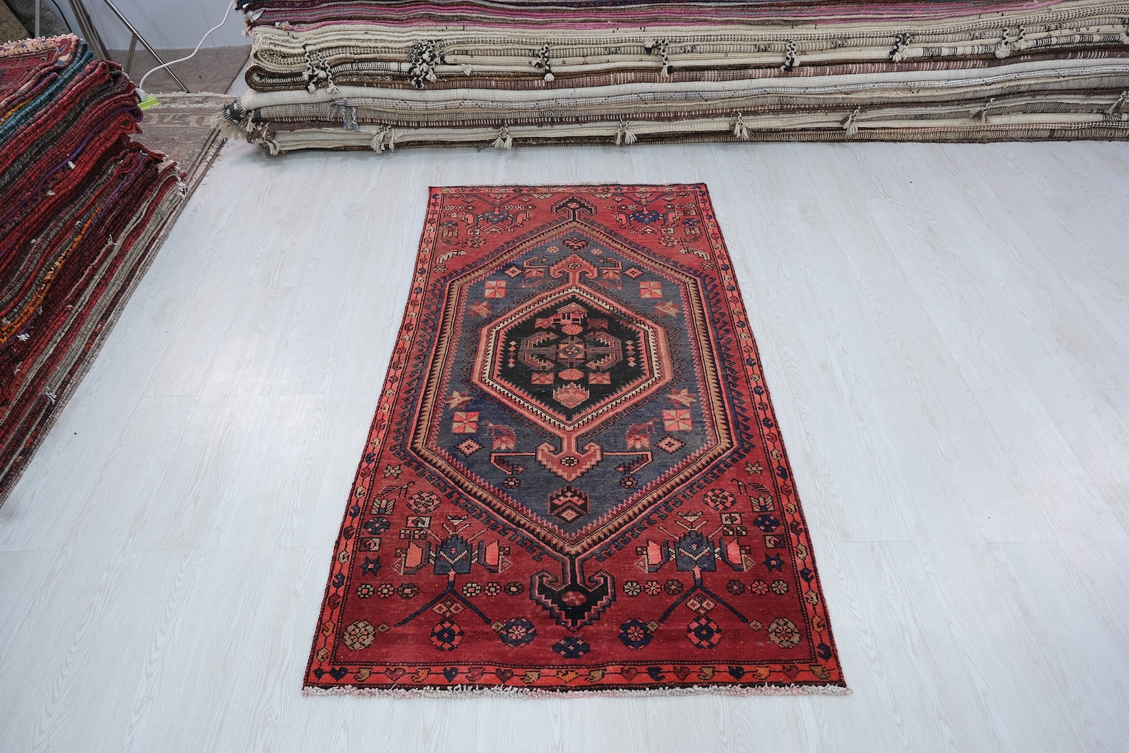 3x6 Rusty Red Navy Blue Vintage Oriental Rug Handwoven Tribal Accent