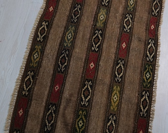 2x3 Brown Black Red Vintage Oriental Rug - Handwoven Tribal Accent Rug - Organic Wool Low Pile Decorative Entryway Throw Rug NR2195