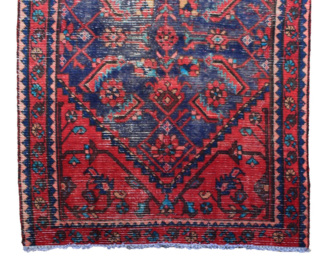 3x14 Red Navy Blue Vintage Tribal Runner Rug, Handknotted Rug