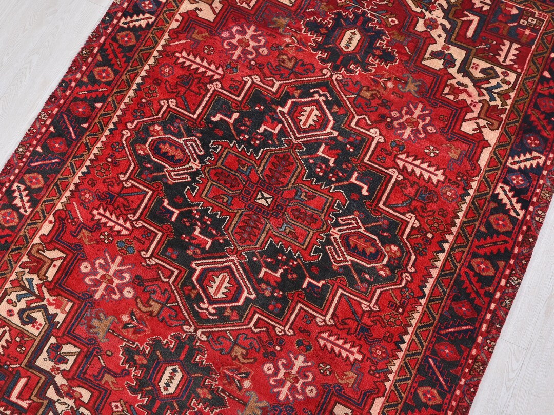 5x7 Ft Scarlet Red Vintage Rug - Oriental Anatolian Geometric Hand ...