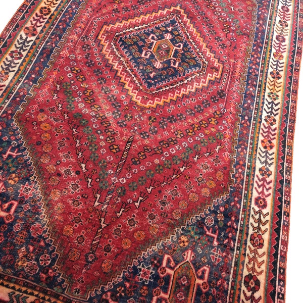 5x8 Brick Red Indigo Vintage Oriental Rug - Handwoven Persian Style Area Rug - Organic Wool Low Pile Living Room or Dining Room Rug NR837