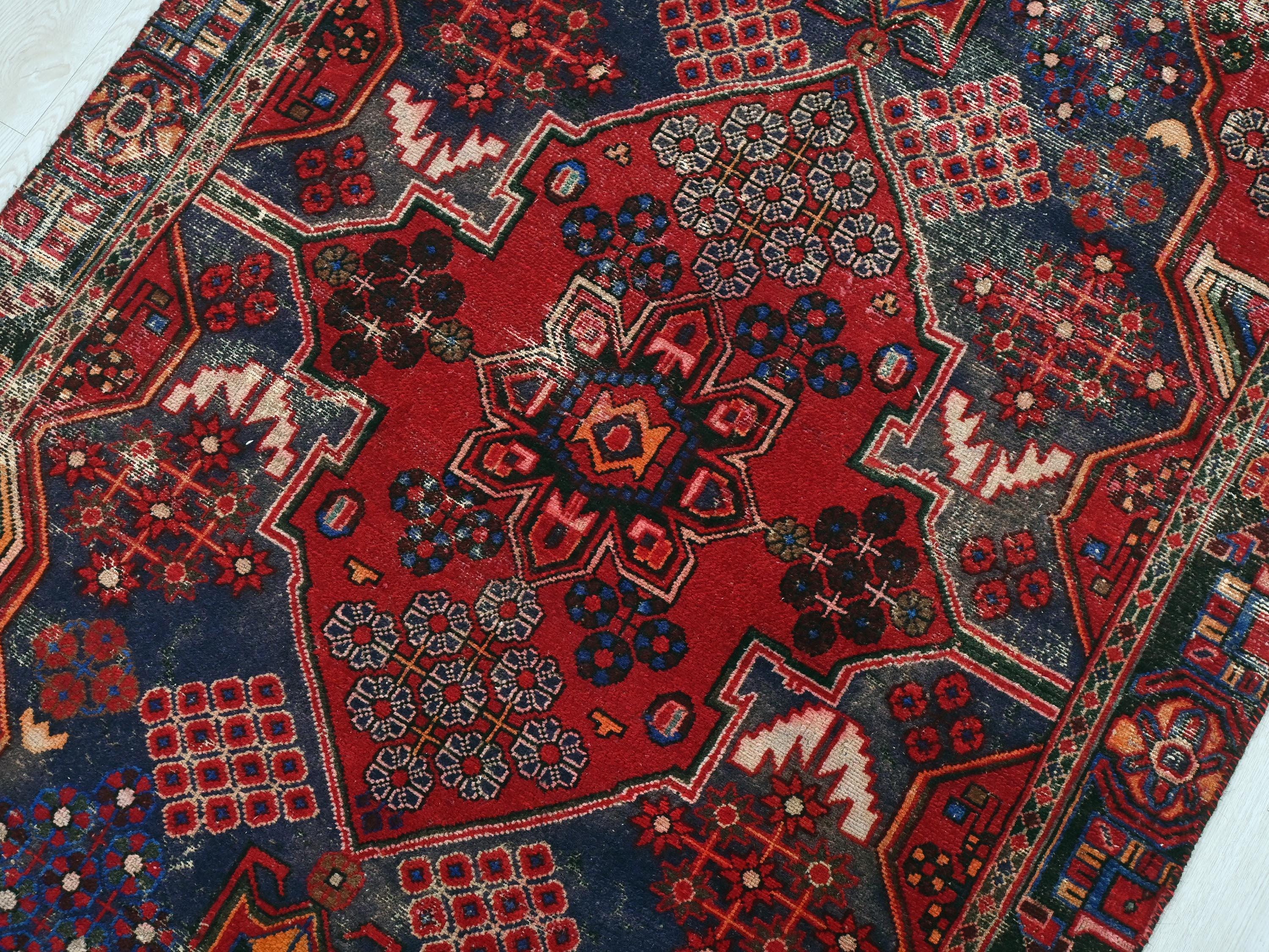Vintage Floral Red Navy Blue Rug 4x6 ft - Handwoven Organic Low Pile Wool Area Rug for Living Room NR2562