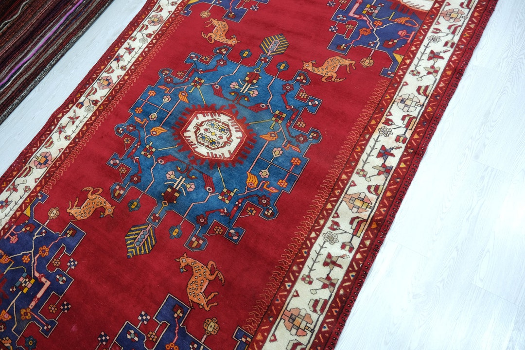 Traditional Hand Knotted Red Blue Rug 4' x 6' main image 1