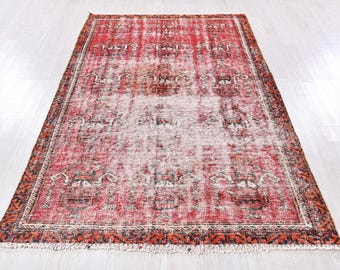 Vintage Oriental Faded Handmade Scarlet Red 4x7 Ft Anatolian Area