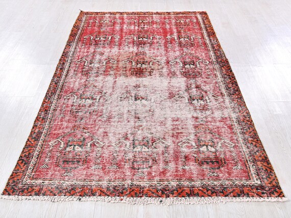 Vintage Oriental Faded Handmade Scarlet Red 4x7 Ft Anatolian Area