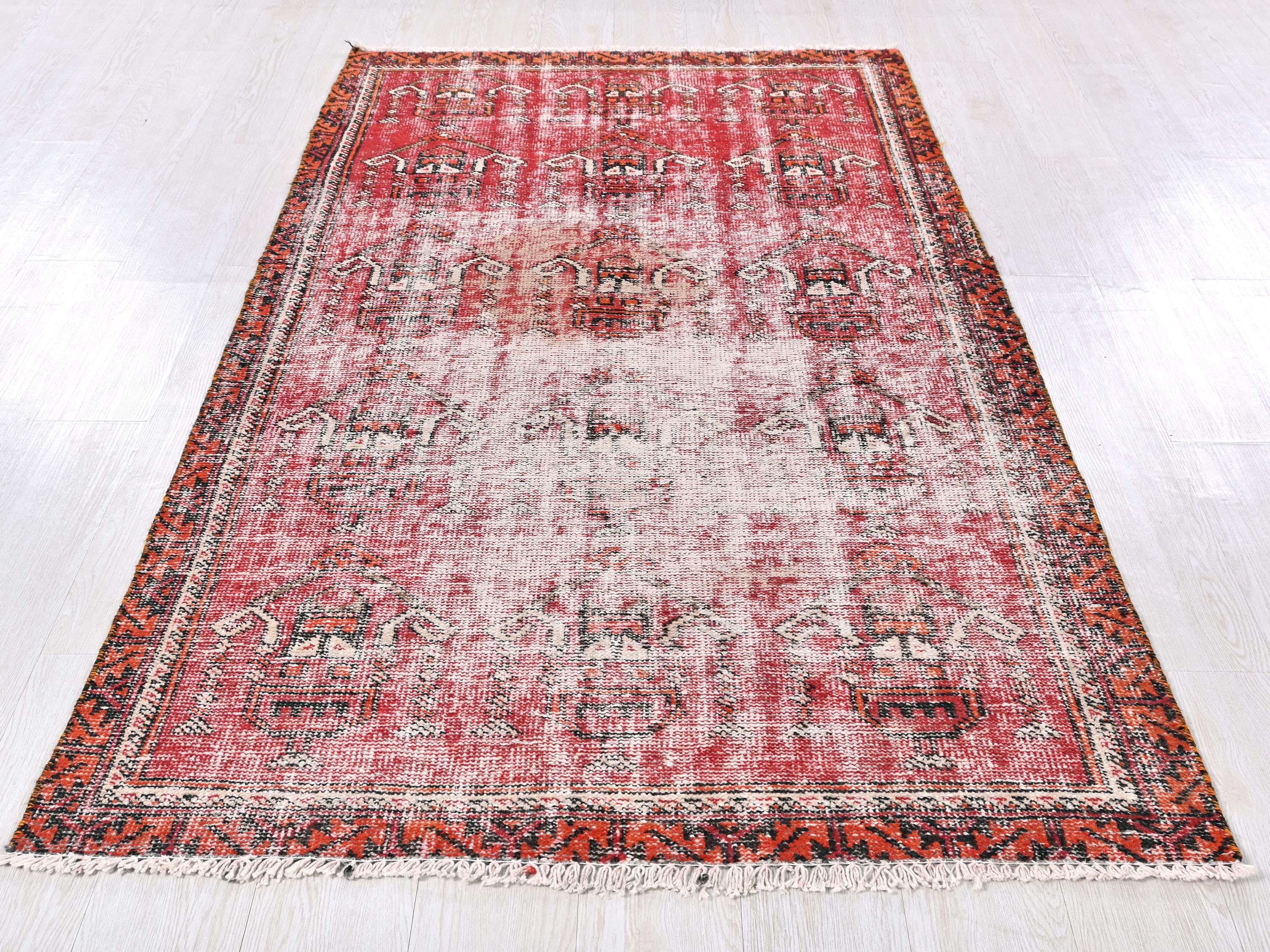 Vintage Oriental Faded Handmade Scarlet Red 4x7 Ft Anatolian Area