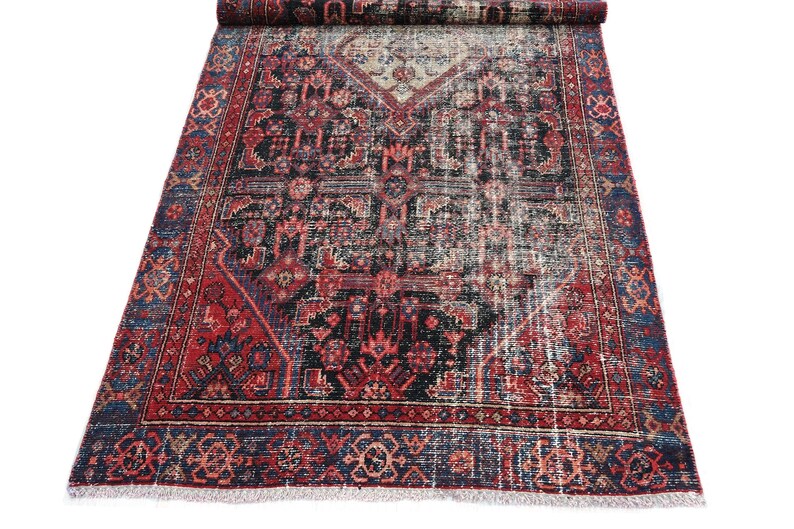4x9 Red Black Blue Vintage Area Rug, Oriental Turkish Anatolian Rug, Handwoven Organic Wool Floral Living Room or Dining Room Rug SHR2054 image 8
