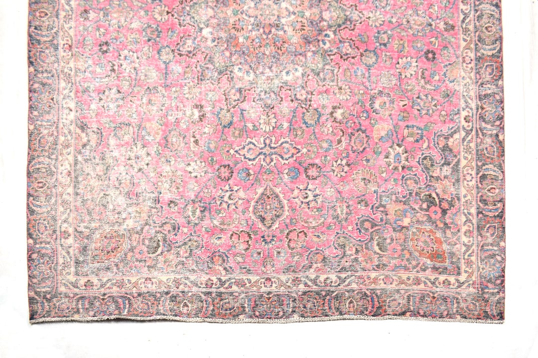 9x12 Distressed Pink Floral Medallion Wool Handknotted Vintage Area