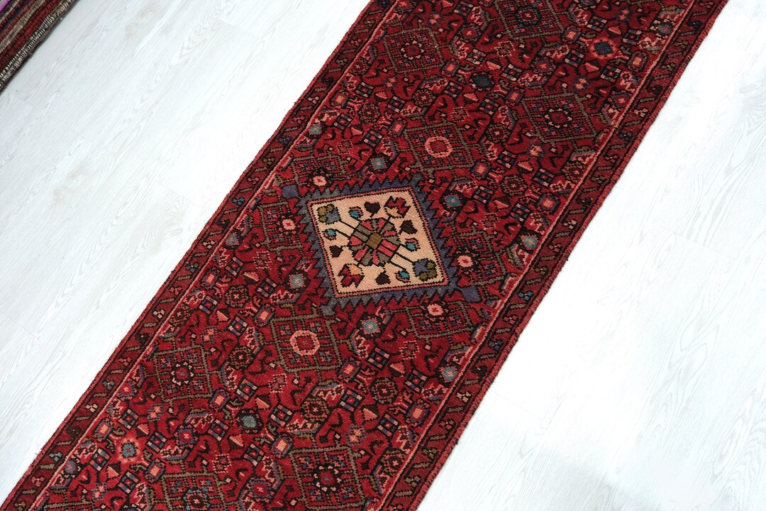 3x9 Terracotta Red Vintage Runner Rug Oriental Hand Knotted Sustainable Wool Veg Dyed Floral