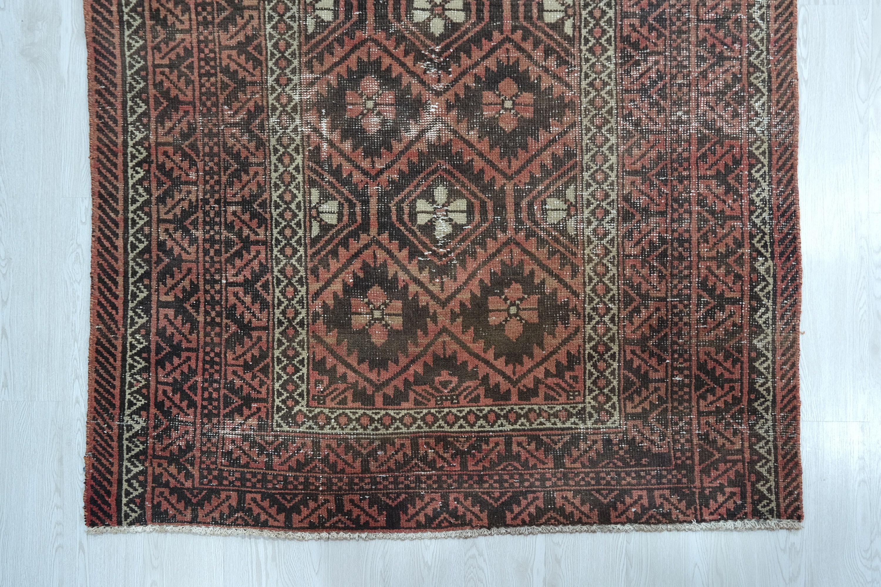 4x9 Terracotta Black Beige Vintage Oriental Rug - Handwoven Tribal Area ...