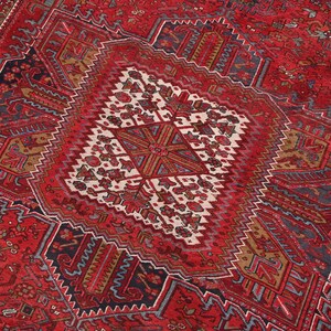 Vintage Hand-Knotted Scarlet Red 10x13 ft Oriental Persian Style Area Rug - Geometric Office or Bedroom Rug - Dining Room Wool Rug NR3716