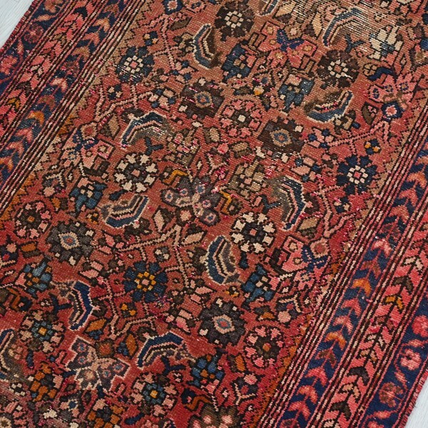 3x10 ft Vintage Oriental Rug - Terracotta Red Organic Low Pile Wool Runner Rug for Hallways or Kitchen NR2618