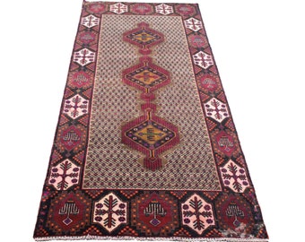 5x10 Vintage Area Rug - Organic Hand-Knotted Wool Oriental Rug - Red Beige Rug for Living Room or Dining Room 4.89 x 9.74 ft NRC0340