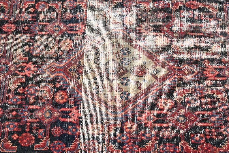 4x9 Red Black Blue Vintage Area Rug, Oriental Turkish Anatolian Rug, Handwoven Organic Wool Floral Living Room or Dining Room Rug SHR2054 image 6