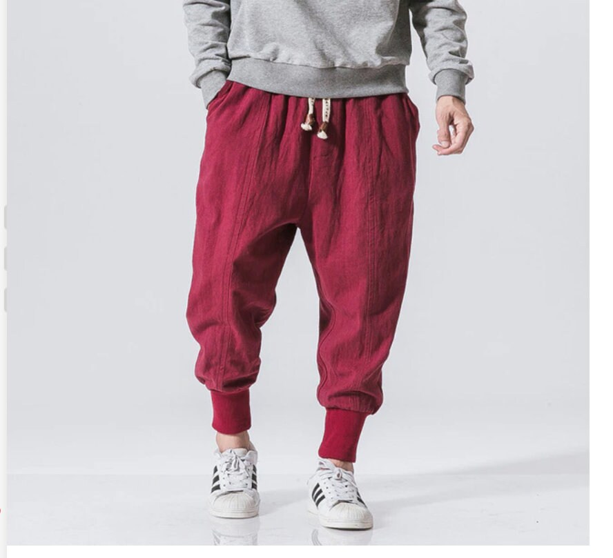 Harem Pants Men Japanese Casual Cotton Linen Trouser Man Etsy
