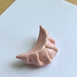 Peut inclure: Un plat en c&eacute;ramique rose en forme de ravioli. Le plat est verni et a une surface lisse et arrondie.
