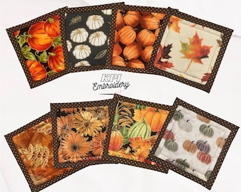 Fall Quilted Mug Rugs, Coffee Fabric Coasters, Halloween Pumpkin Leaves Harvest Decor, Watercolor Ghost Bats, Autumn Gifts, Handmade Set