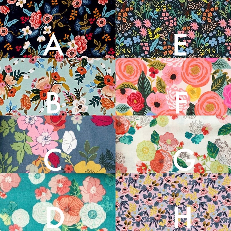 May include: A collage of eight fabric swatches labeled A through H, each featuring distinct floral patterns with varied color palettes including black, light blue, dark blue, white, teal, and pink backgrounds with assorted flower illustrations.