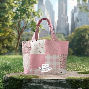 Patchwork Tote, Quilted Tote Bag, Pink Handmade Bag, Cherry, Floral Patchwork, Small Tote Bag with Attached Straps, Cotton Tote, Mini Tote
