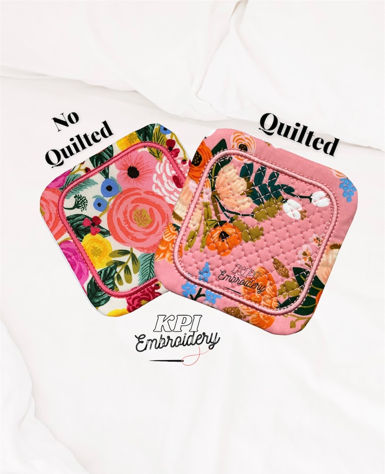May include: Two square fabric coasters with floral patterns. The left coaster is labeled No Quilted and features a white background with pink, yellow, and blue flowers. The right coaster is labeled Quilted and has a pink background with a diamond-stitched texture and floral print. The text KPI Embroidery appears below.