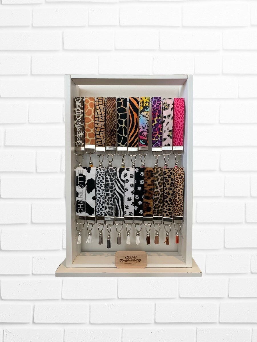 Personalized Animal Print Fabric Wristlet Key Fob, Cow, Cheetah, Leopard, Custom Embroidery Fabric Keychain Wrist Lanyard, Gifts For Her
