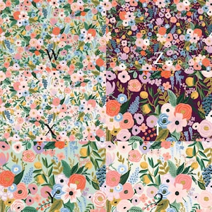 May include: A collage of six fabric swatches featuring floral patterns with various background colors including light green, dark purple, and cream. Each section is labeled with a letter or number, displaying clusters of pink, orange, and blue flowers.